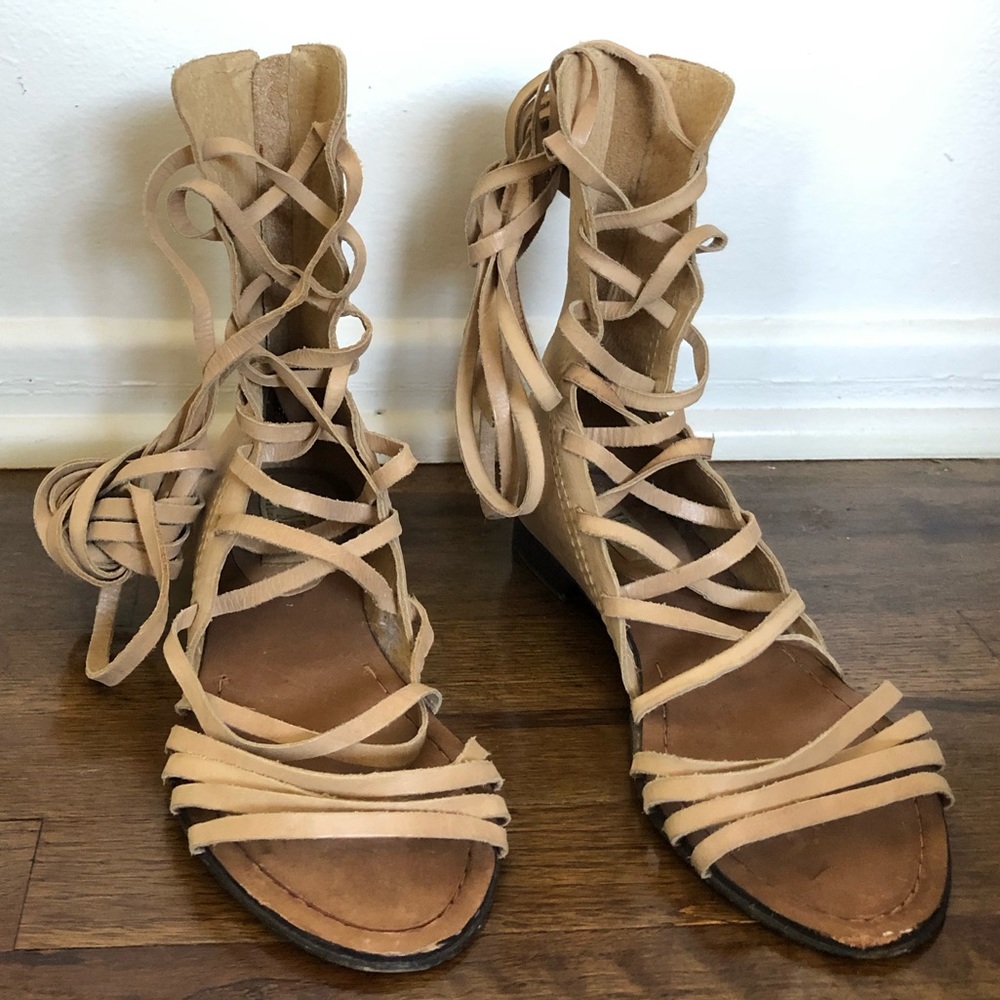 Nude Leather Wrap Tie Up Gladiator Sandals